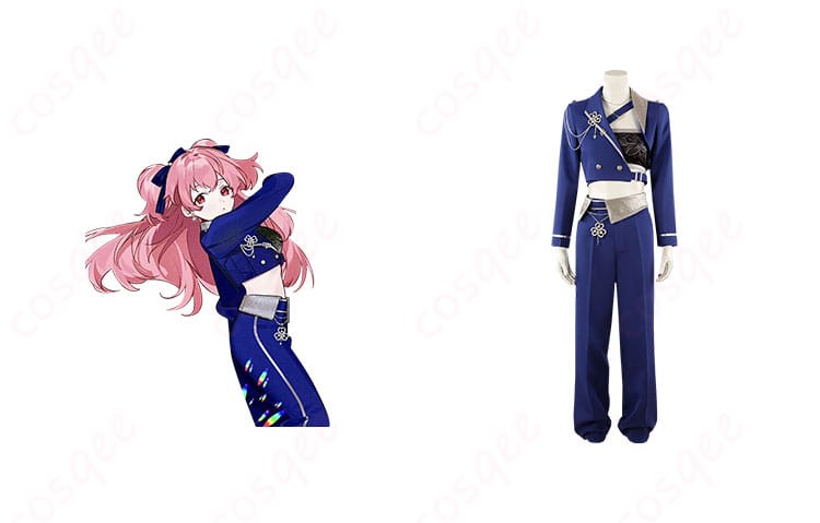 商品正面と桃井愛莉のキャラクターを合わせたコスプレ衣装の写真。プロジェクトセカイ コスプレ衣装。