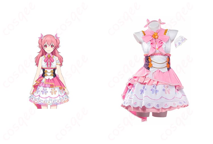 商品正面と桃井愛莉のキャラクターが組み合わさったコスプレ衣装の画像。プロジェクトセカイのコスプレ衣装を忠実に再現。