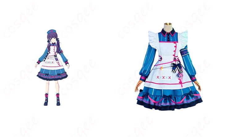 商品正面とキャラクターとの合わせた画像 - 朝比奈まふゆのコスプレ衣装の正面画像。コスプレイベントにぴったりなデザインです。