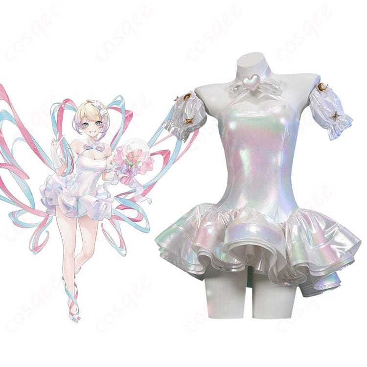 超絶最かわてんしちゃん コスプレ衣装の正面とキャラクターの合わせ画像。可愛さが際立つ天使の姿を忠実に再現。