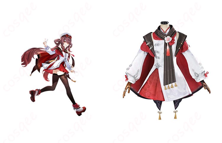 商品正面とキャラクターのフータオ(胡桃)とのコラボ画像 – 原神 コスプレ衣装