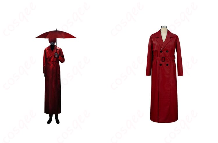 商品正面とキャラクターの画像:赤い傘の男のコスプレ衣装、忠実再現のコートを着たキャラクターの正面画像。コスプレイベントに最適!