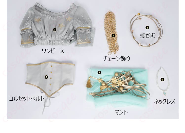 サイズと寸法対応表の画像。コスプレ衣装のサイズと対応する寸法を示しています。