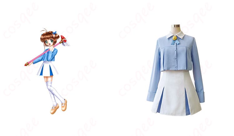 カードキャプターさくら 木之本桜 コスプレ衣装 正面とキャラクターとの組み合わせ画像。衣装のディテールがよく分かる。