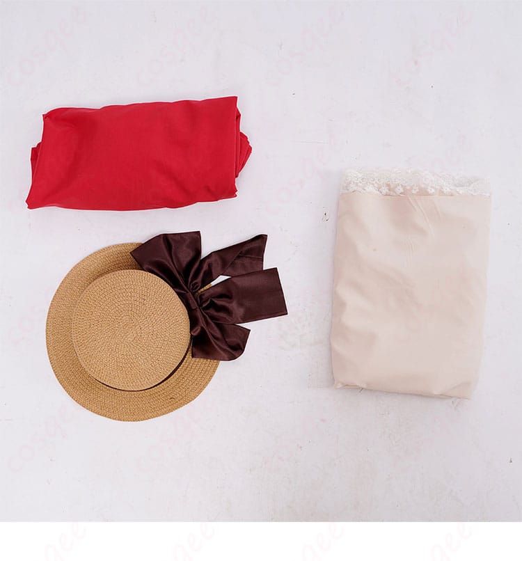 展示套装内容的图: 木之本桜コスプレ衣装のセット内容。帽子、ワンピース、オーバースカートがセット。