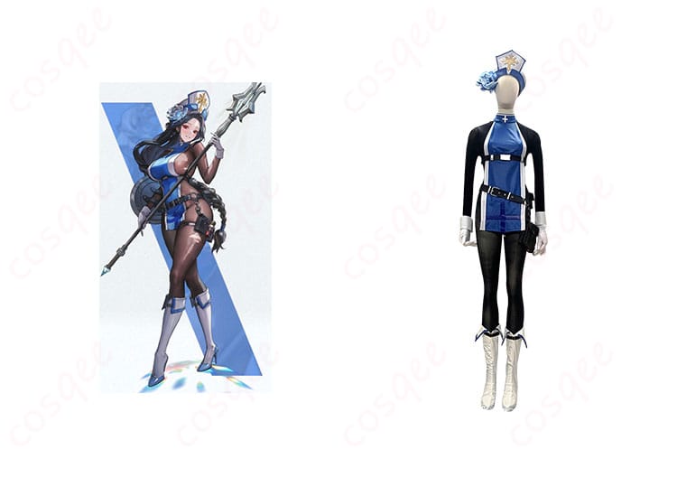 NIKKE メイデン コスプレ衣装 アイスローズ 正面とキャラクターの組み合わせ写真。高精度再現された衣装で、完璧にキャラクターを再現。コスプレ通販に最適な商品。