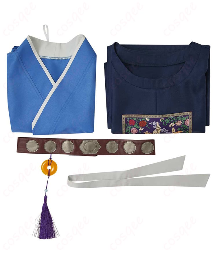 薬屋のひとりごと 壬氏(ジンシ) 園遊会衣装 コスプレ衣装のセット内容。上着、インナー、ベルト、髪飾りが含まれている。