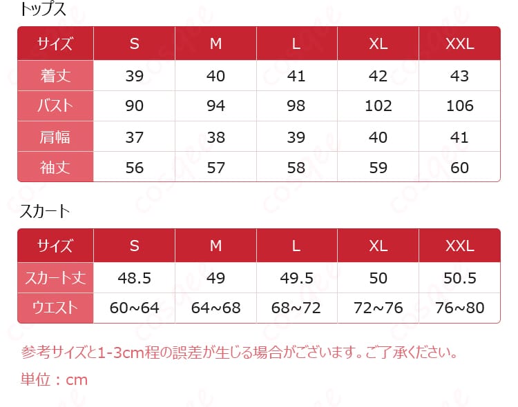 若葉睦 コスプレ衣装のサイズと寸法の対応データ画像。自分にぴったりのサイズを確認できる。