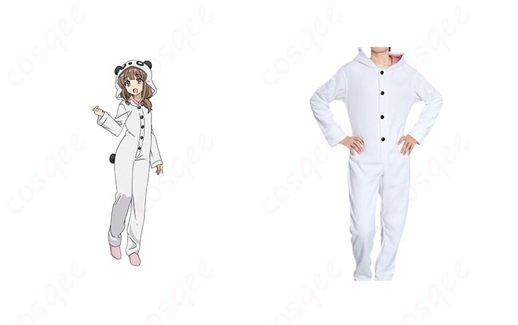 商品正面とキャラクターとのコラボレーションイメージ - 梓川かえでのパンダコスプレ衣装。キャラクターと衣装の詳細が確認できる。