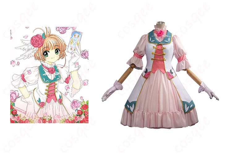 商品正面と木之本桜のキャラクターが一緒に写っているコスプレ衣装画像 - 高品質なカードキャプターさくら コスプレ衣装