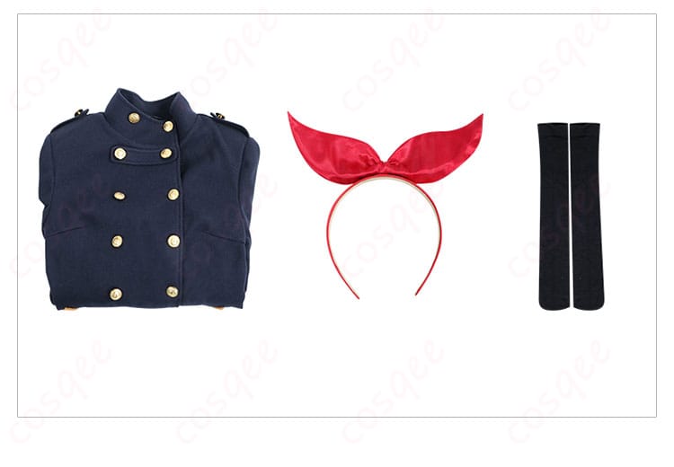 アイカツ! 星宮いちご コスプレ衣装 セット内容を展示。コート、カチューシャ、靴下が含まれています。