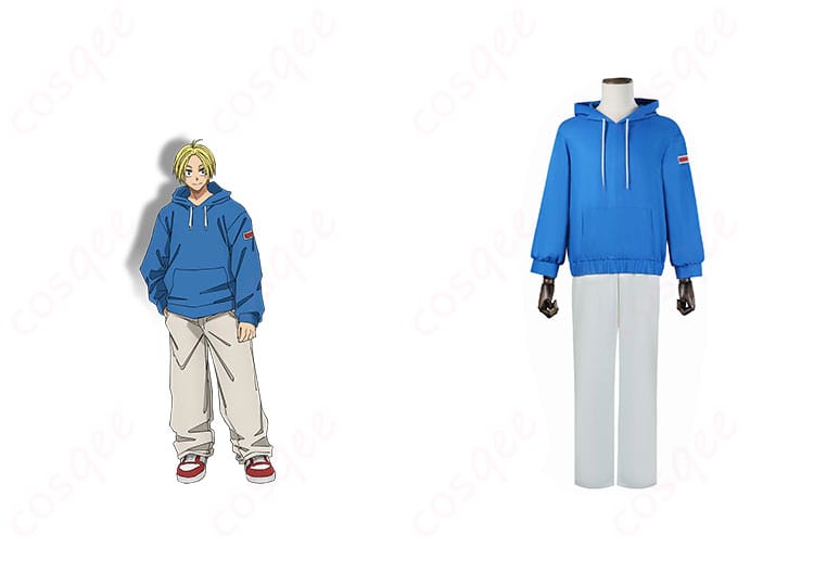 商品正面とキャラクター朝倉シンのコスプレ衣装を一緒に撮影した画像 - 忠実再現のパーカーとズボン