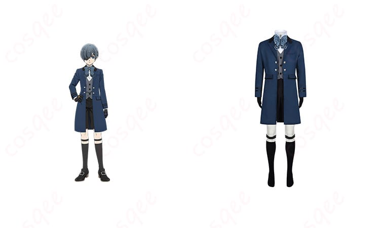 商品正面とキャラクター「シエル・ファントムハイヴ」の組み合わせイメージ コスプレ衣装の全体像。