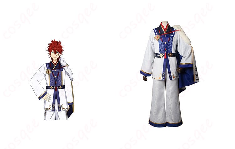 商品正面とキャラクター人物が融合したコスプレ衣装の写真。あんさんぶるスターズ!!の白虎舞衣装、天城燐音、明星スバル、大神晃牙、朱桜司のコスプレ。