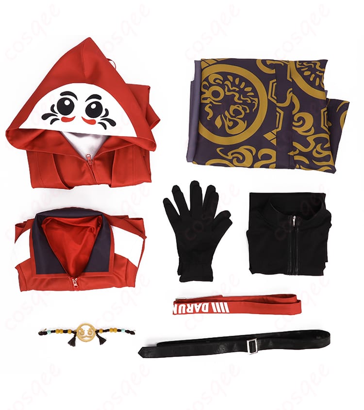 だるまいずごっど コスプレ衣装 セット内容の画像。コート、インナー、手袋など、すべてが含まれています。