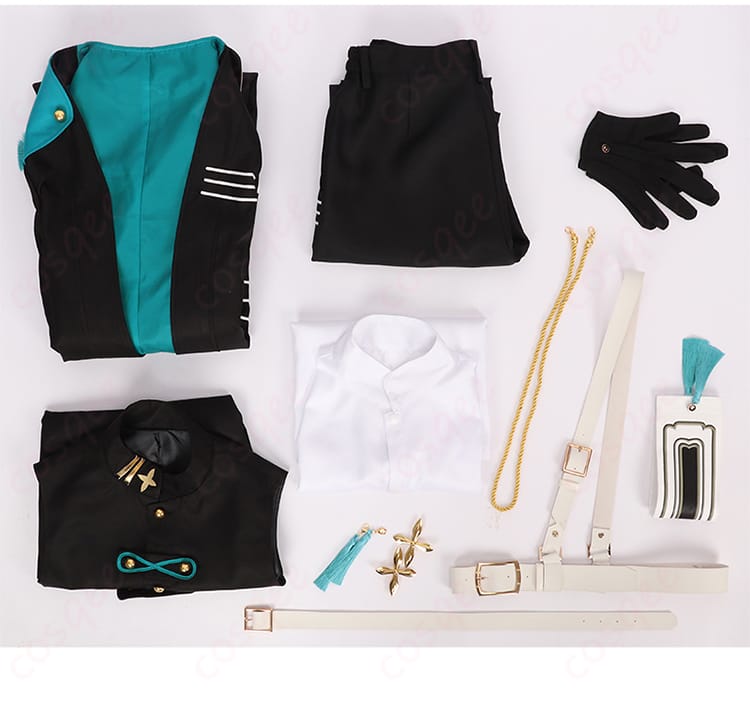 セット内容を展示した画像、コスプレ衣装に含まれるアイテム(コート、ズボン、シャツ、手袋など)を確認できる。