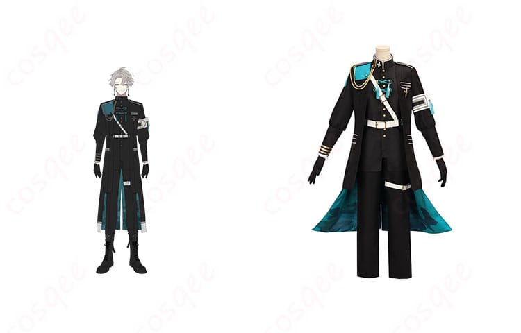 商品正面とキャラクター甲斐田晴のコスプレ衣装を一緒に撮影した画像。VΔLZ 三華の樂ユニット衣装、オーダーメイド対応のコスプレ衣装。