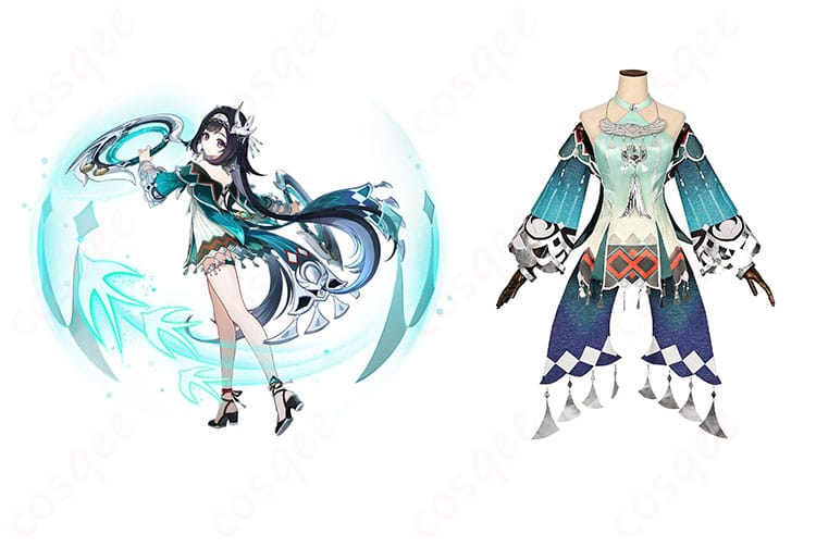 原神 藍硯 コスプレ衣装 正面とキャラクターの組み合わせ画像。高還元度のデザインが特徴。