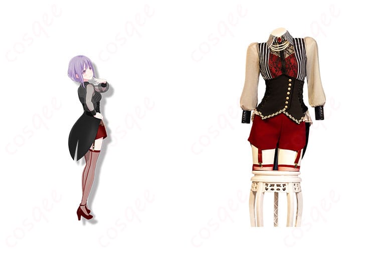 商品正面とキャラクター 祐天寺にゃむ のコスプレ衣装の組み合わせ写真。バンドリのキャラクター衣装を忠実に再現。