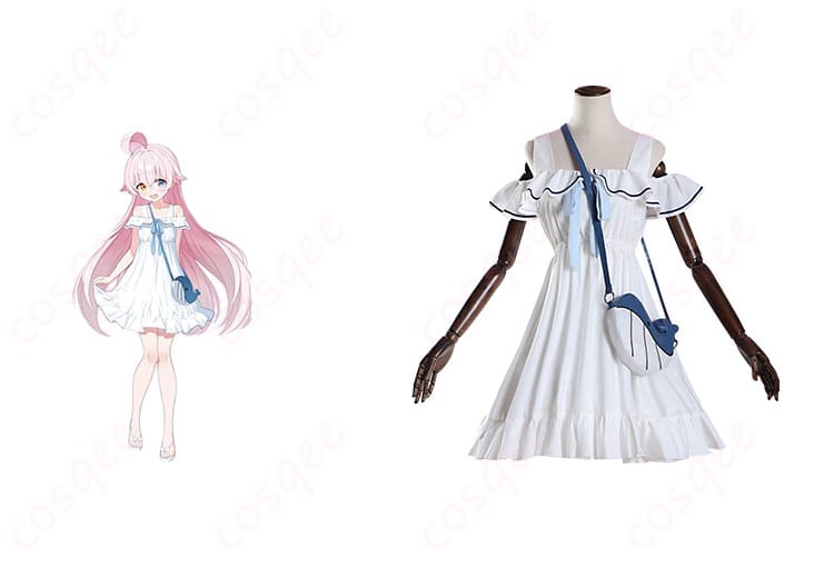 小鳥遊ホシノのコスプレ衣装(ブルーアーカイブ)正面とキャラクターイラストのコラボ画像。高再現度の私服風ワンピース。