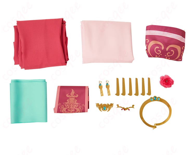 コスプレ衣装のセット内容。玉葉妃の衣装一式、コルセットベルト、ショール、ネックレス。