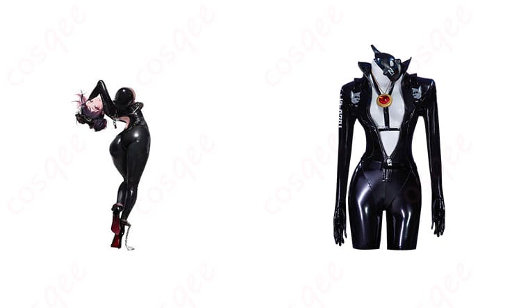 商品正面とキャラクター(クエンシー)とのコスプレ衣装の組み合わせ写真 – 怪盗エスケープクイーン衣装の魅力が満載!