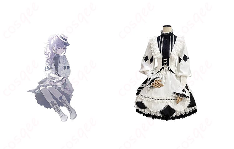 商品正面とキャラクター朝比奈まふゆのコスプレ衣装の画像。プロジェクトセカイの忠実再現。