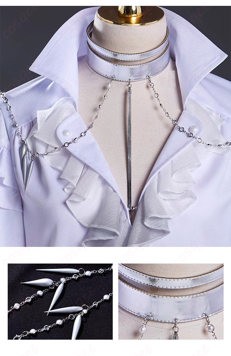 KAITO コスプレ衣装の領口装飾と首飾りの詳細。プロセカのキャラクターに合わせたリアルな装飾。