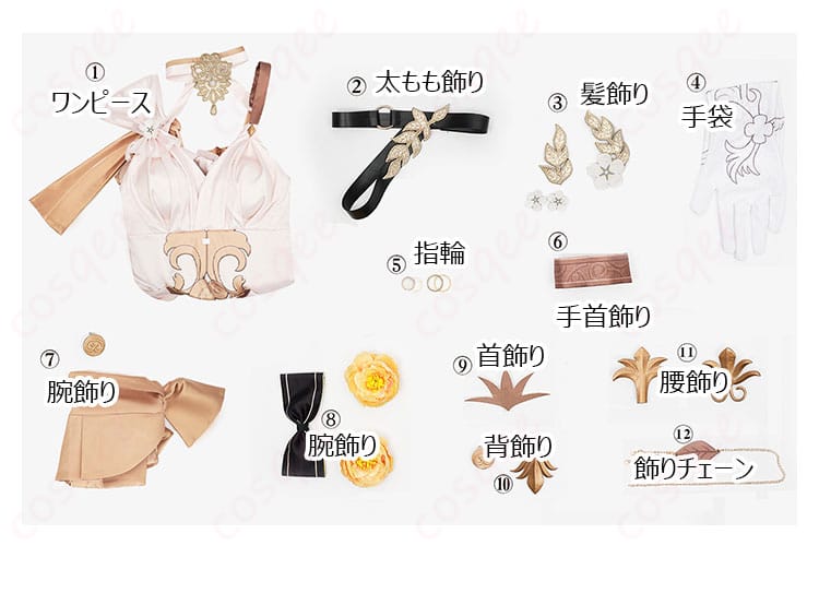 セット内容の展示 - ワンピースや手袋、首飾りなど、アグライアコスプレ衣装のセット内容