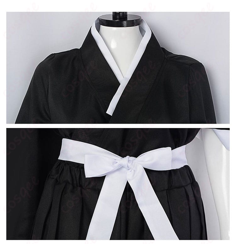 服の襟と腰部の装飾ディテール図 - 朽木ルキアの死覇装コスプレ衣装の襟と腰部の細部。細かい刺繍や装飾が特徴。