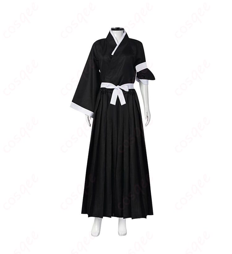 商品正面図 - 朽木ルキアの死覇装コスプレ衣装の全体像。高い再現度で、アニメの雰囲気を再現。