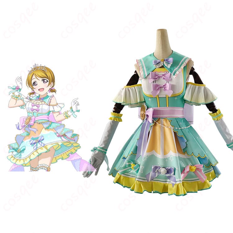 ラブライブ!スクフェス 小泉花陽 コスプレ衣装 正面とキャラクターとの融合画像。美しいデザインと忠実再現が特徴です。