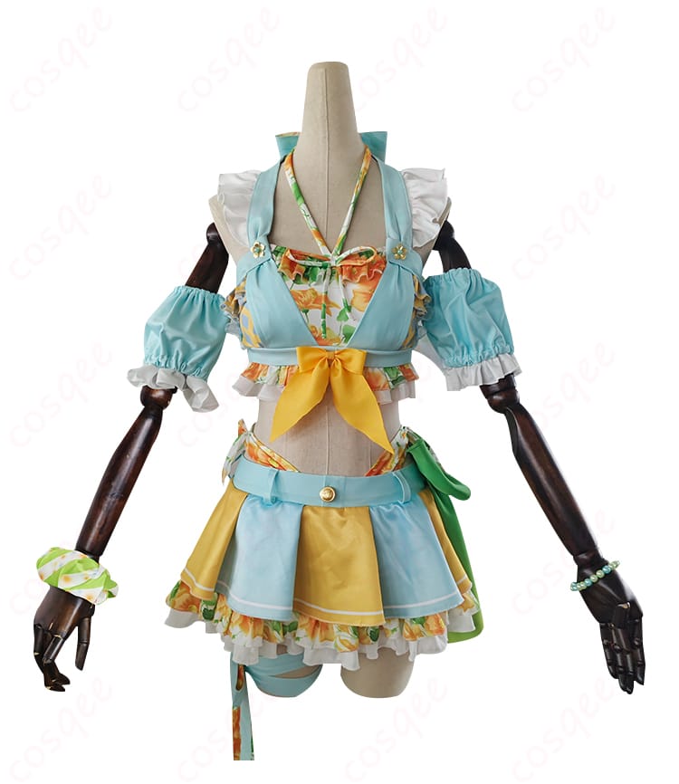 商品正面のコスプレ衣装。小泉花陽の水着衣装、トップスとスカートの詳細が見える。