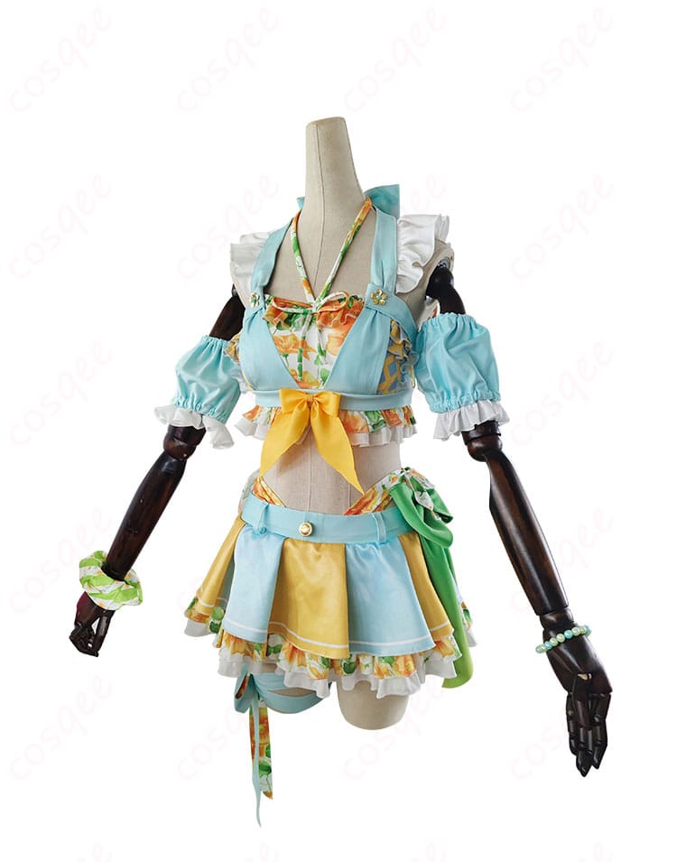 商品側面のコスプレ衣装。小泉花陽の水着衣装の側面ビュー、袖とスカートのデザイン。