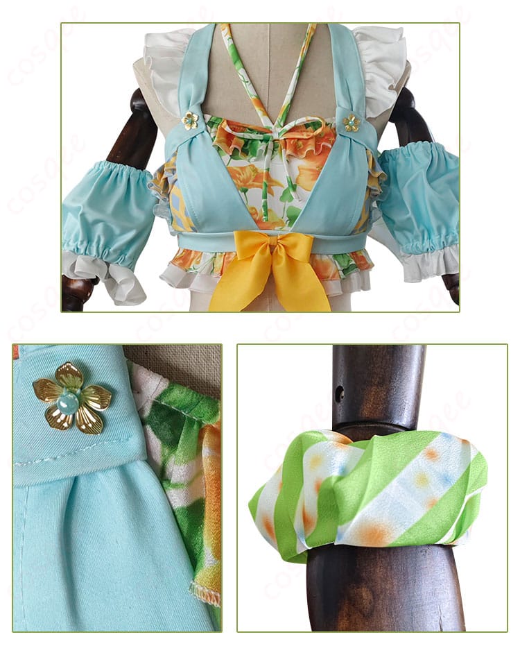 胸前装飾と腕飾りの詳細。小泉花陽の水着コスプレ衣装の胸元と腕部分の装飾ディテール。