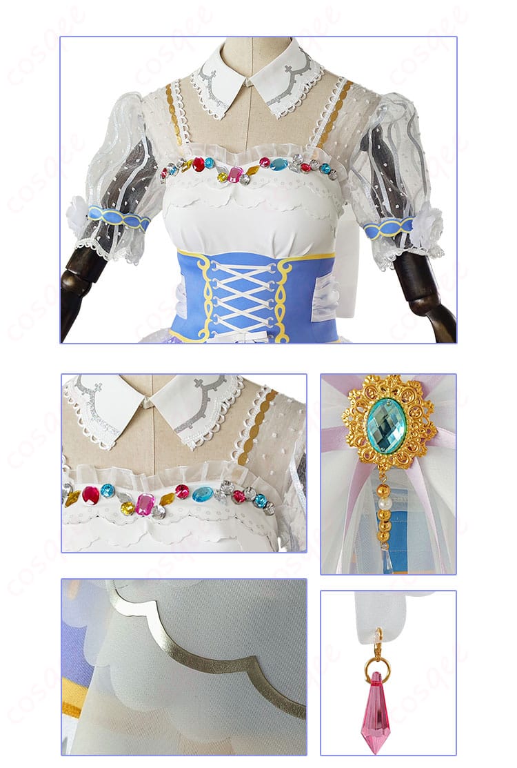 領口、腰飾り、スカートの装飾細部。精緻なデザインが際立つ、コスプレ衣装の豪華なディテール。