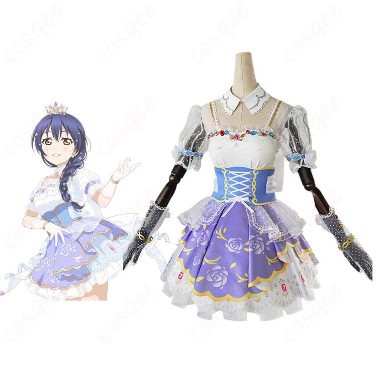 商品正面と園田海未のコスプレ衣装の融合写真。ロイヤルプリンセス編の華やかなデザインが引き立つ。