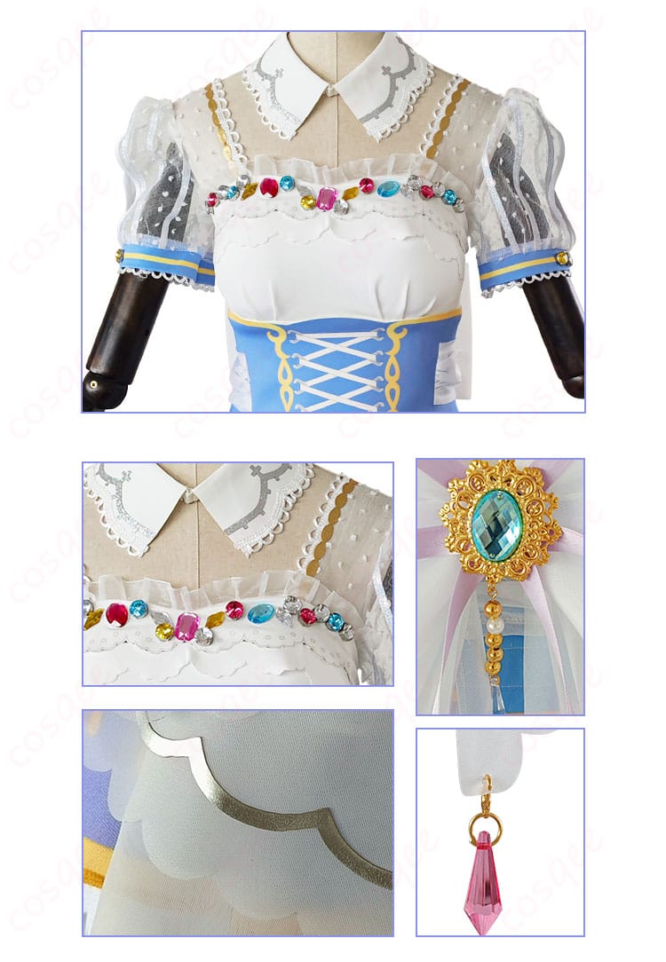 ラブライブ!スクフェス 小泉花陽 ロイヤルプリンセス編 コスプレ衣装の襟元・アクセサリー・スカート裾の装飾ディテール
