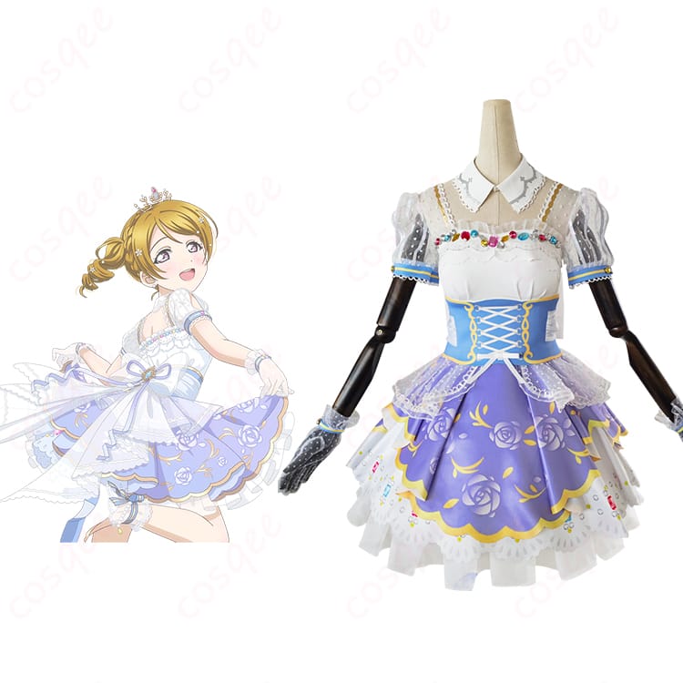 ラブライブ!スクフェス 小泉花陽 ロイヤルプリンセス編 コスプレ衣装とキャラクターのイメージを並べて紹介する画像