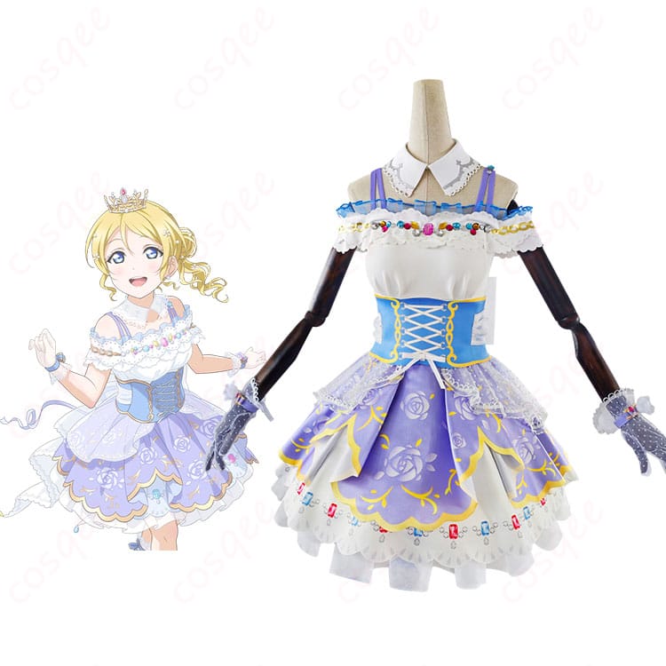 商品正面とキャラクターのイメージを合わせた写真 - 絢瀬絵里のコスプレ衣装「ロイヤルプリンセス編」全身正面画像。コスプレイベントでの使用イメージ。