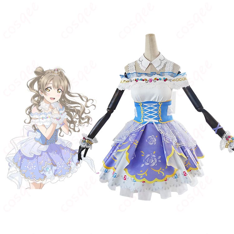 南ことり コスプレ衣装 ロイヤルプリンセス編 商品正面とキャラクターの組み合わせ画像。かわいらしいデザインが特徴的。