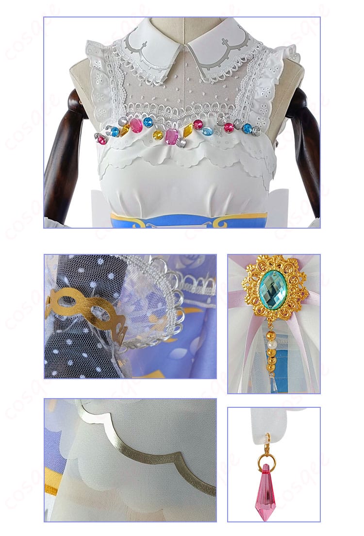 服装装飾の詳細画像 - 西木野真姫のコスプレ衣装の繊細な刺繍と装飾、豪華なロイヤルプリンセス編のディテール。