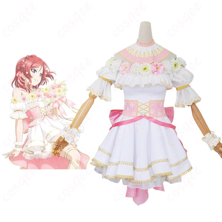 商品正面と西木野真姫キャラクターのコスプレ衣装の全身図。詳細な花柄デザインが美しい。