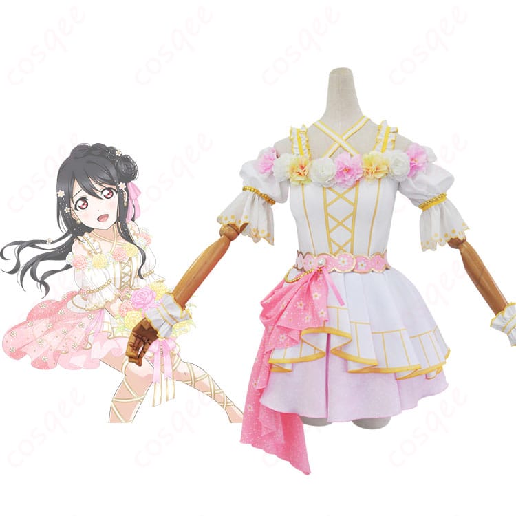 ラブライブ!スクフェス 矢澤にこのコスプレ衣装 フラワーフェスティバル編 花よりたおやかに♪ 商品正面とキャラクター画像。アイドル衣装の魅力を最大限に引き出します。