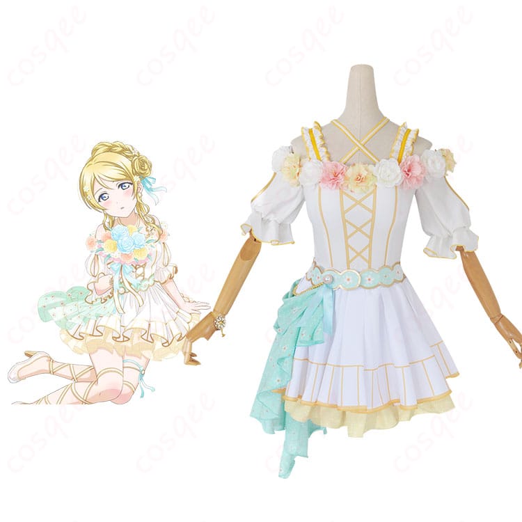 絢瀬絵里のコスプレ衣装とキャラクターの組み合わせ写真。ラブライブ!スクフェスのフラワーフェスティバル編衣装。コスプレ通販で購入可能。