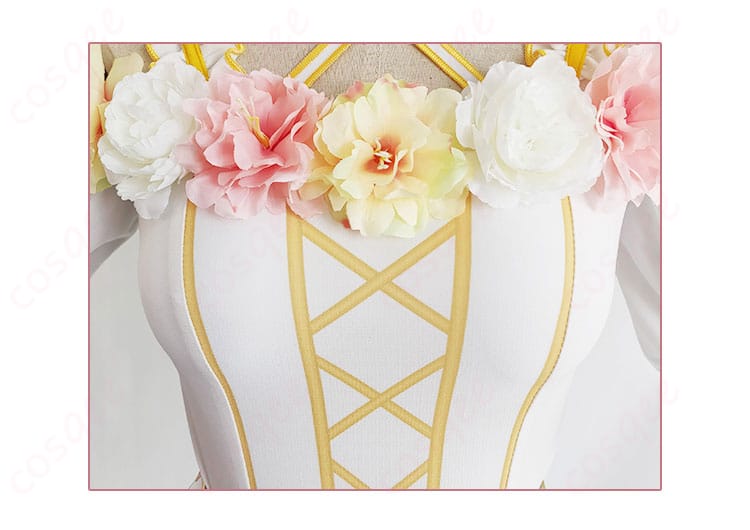 フラワーフェスティバル編コスプレ衣装の装飾ディテール。刺繍や花柄の美しい仕上げが特徴です。