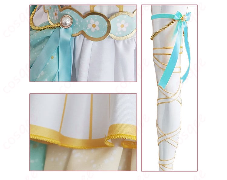 絢瀬絵里コスプレ衣装の腰飾り、スカート、腿飾りのディテール。美しく仕上げられた装飾部分をクローズアップ。