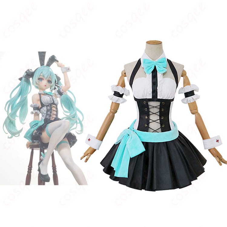 商品正面と初音ミクのキャラクターが組み合わさったコスプレ衣装の画像。高再現度で着心地の良いバニー衣装。