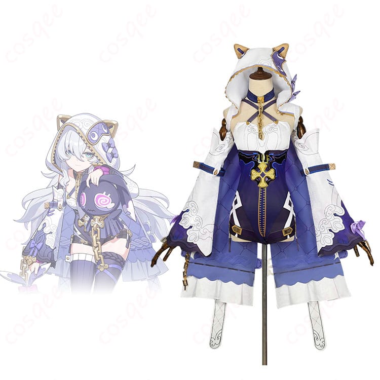 商品正面とキャラクターの融合画像 - 崩壊3rd テレサ・アポカリプス コスプレ衣装の正面とキャラクターが一緒に写っている画像。詳細な衣装の再現をご覧ください。