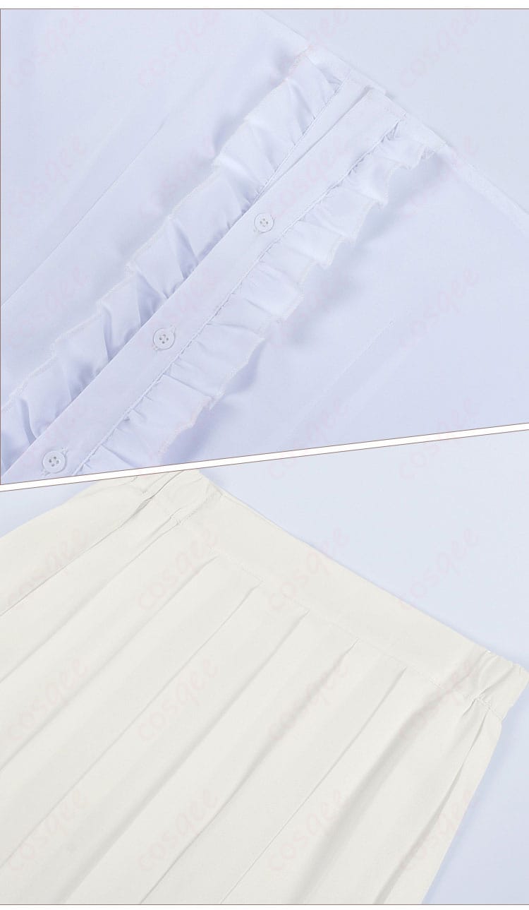 衬衫门襟装饰，裙头装饰细节图。衬衫の前立て部分の装飾やスカートのヘム装飾を詳細に見ることができます。